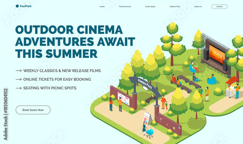 Cartoon Color Outdoor Cinema Adventures Await Summer Park and Fest Concept Banner 3d Isometric View. Vector illustration