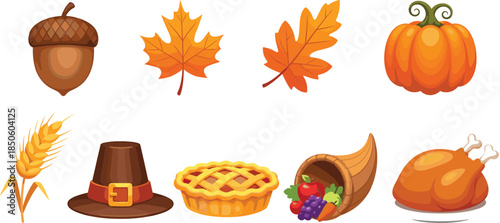 Thanksgiving autumn harvest vector collection featuring pumpkin maple leaves acorn pilgrim hat turkey and cornucopia for festive holiday dinner and seasonal fall celebrations.