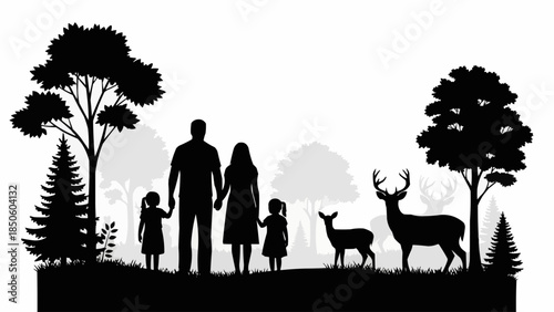 Family enjoying nature with deer in a forest setting.