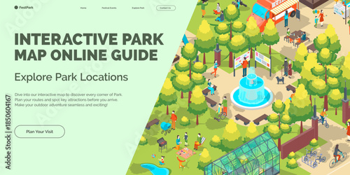 Cartoon Color Interactive Park Map Online Guide Summer Fest Concept Banner 3d Isometric View. Vector illustration