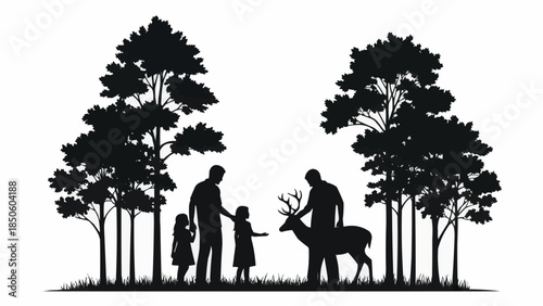 Family interacting with a deer in a forest silhouette.