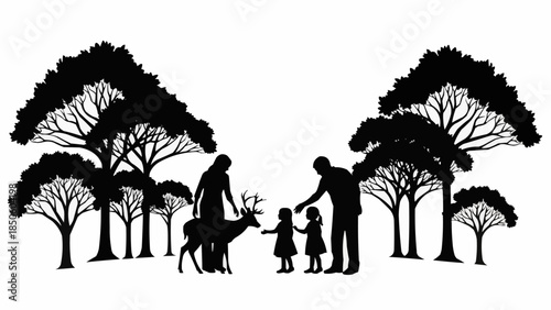 Family interacting with a deer in a forest setting.