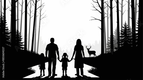 Family walking in forest with deer silhouette.