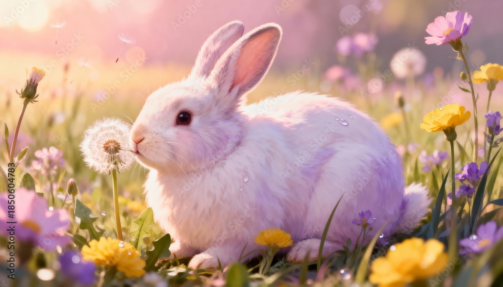 Fototapeta premium Adorable White Rabbit Sitting in a Blooming Meadow with Colorful Flowers and Soft Sunset Light