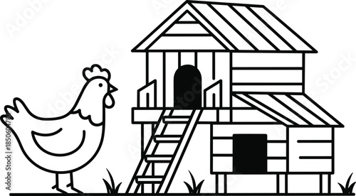 Chicken coop line art illustration, farm hen standing near wooden poultry house, rural agriculture outline design for coloring and education, cad drawing flat vector illustration