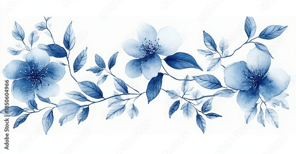 Obraz premium delicate blue watercolor floral branch with three blooming flowers and trailing leaves evoking calm and elegance