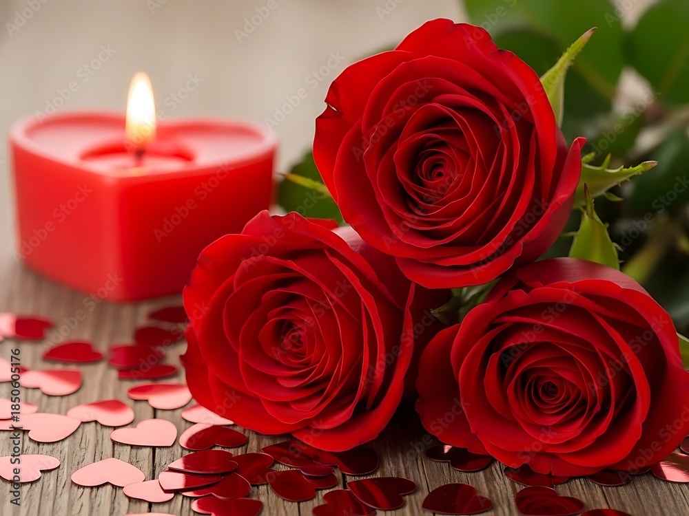 Fototapeta premium Romantic arrangement of red roses with candle and heart confetti on wooden table for valentines day or anniversary celebration