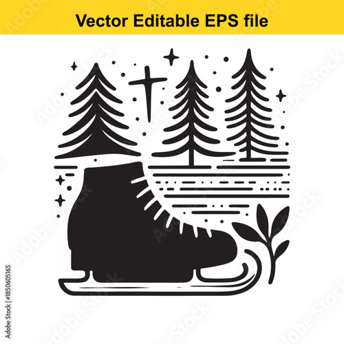  black silhouette of ice skate on white with pine trees and snowflakes in a winter scene vector illustration