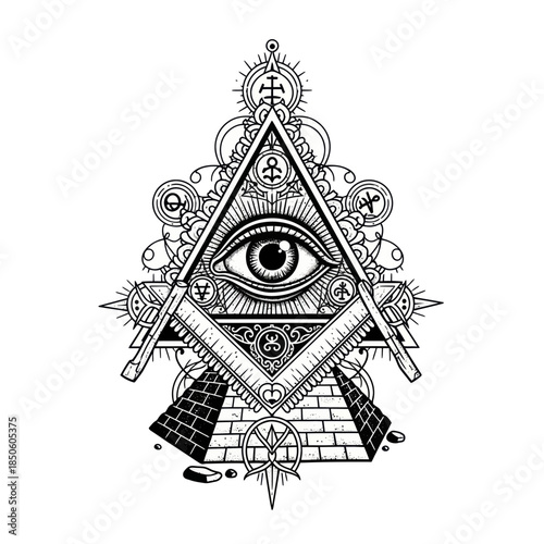 Monochrome Masonic Symbol with AllSeeing Eye and Pyramid.