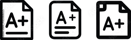 A Plus Grade Document Line Icon Set – Exam Result, Certificate, and Evaluation Outline Symbols