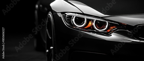 close-up of a sleek black sports car front with glowing led halo headlights, amber turn signal, glossy hood and visible wheel, conveying power, speed and aggressive elegance