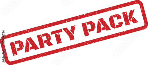 Grungy red rubber stamp featuring the phrase PARTY PACK enclosed in a rectangular frame with speckle details