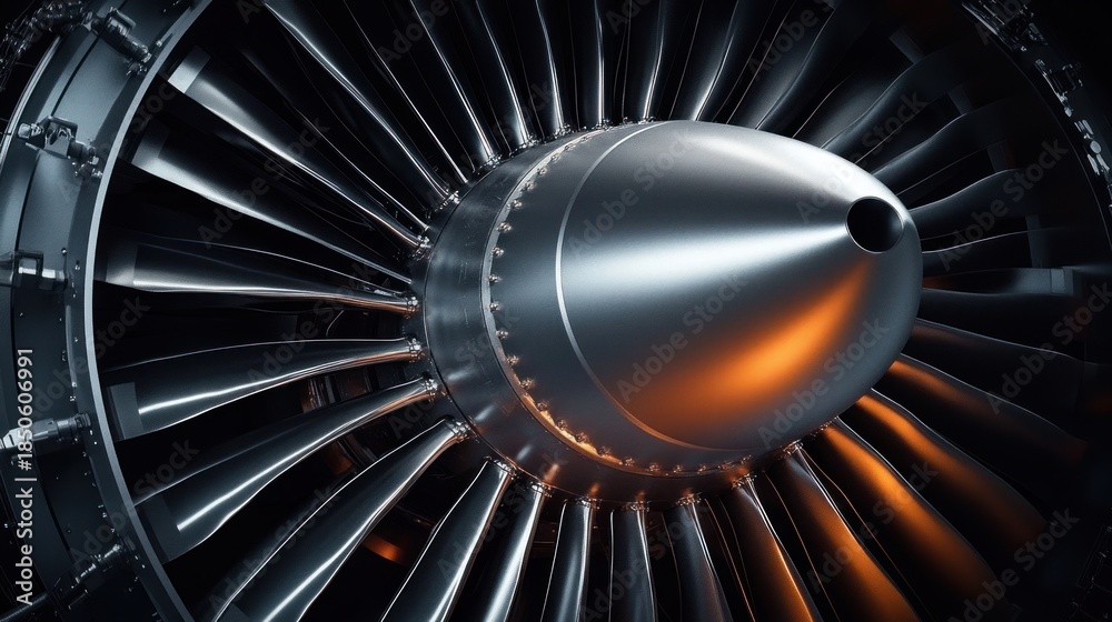Fototapeta premium Close-up of a polished aircraft jet engine turbine with reflective metal fan blades and warm orange highlights conveying power and precision