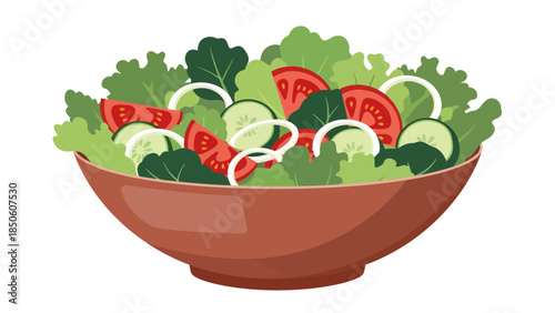 A brown bowl overflows with a vibrant mix of fresh green lettuce, red tomato wedges, crisp cucumber slices, and white onion rings, rendered in a clean, flat vector illustration style