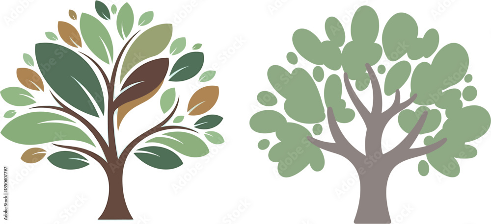 Obraz premium Stylized illustrations of diverse green trees symbolizing growth, vitality, and the enduring beauty of nature, perfect for environmental and ecological themes