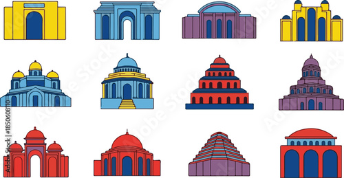 Collection of Stylized Colorful Buildings with Arches and Domes architecture structures