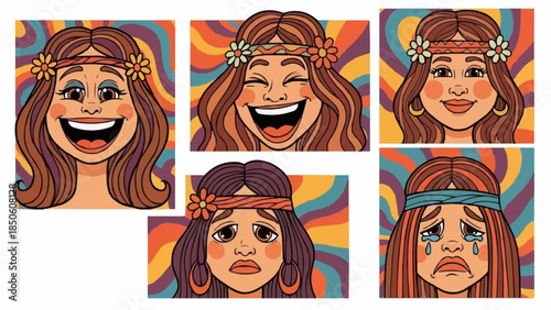 Set of Five Diverse Hippie Woman Faces Expressing Different Emotions.