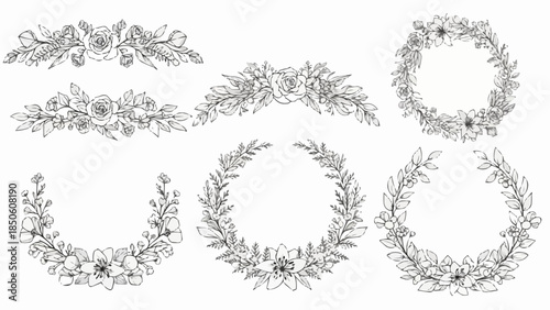 Collection of Delicate Floral Wreaths and Borders Hand Drawn Style.