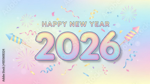 Happy new year 2026 celebration with colorful fireworks and confetti on pastel background