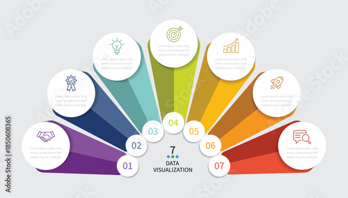 Business infographic template layout. Round business 7 steps, process options, step by step project workflow.
