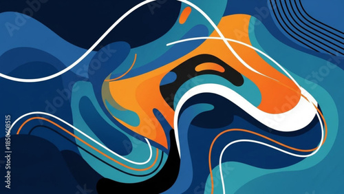 Vibrant abstract design with swirling orange, white, and blue shapes and lines on dark background