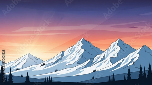Snowy mountain range with trees at sunset, serene landscape with purple and orange sky
