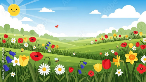Beautiful cartoon landscape with colorful flowers, green hills, sunny sky and white clouds, smiling