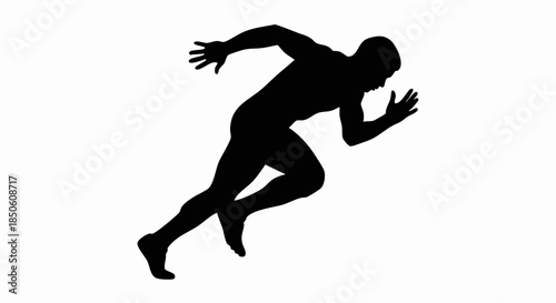 Black silhouette of a male athlete sprinting forward isolated on white.