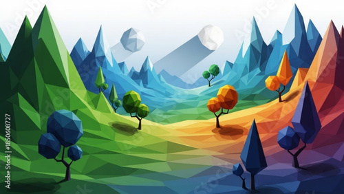 Vibrant polygonal landscape with colorful trees, mountains, and hills in a stylized geometric design
