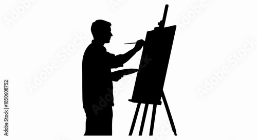 A male artist painting on an easel.