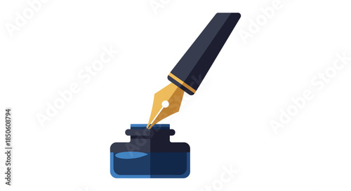 fountain pen nib dipping into blue ink bottle on white background simple flat vector illustration for writing education and branding