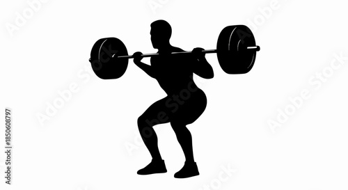 Silhouette of a man performing a barbell back squat exercise.