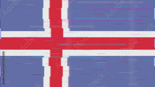 Iceland glitch flag vector, RGB split distortion, digital abstract video frame illustration