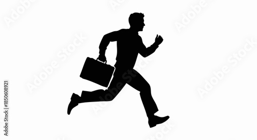 Silhouette of a businessman running with a briefcase in his hand.