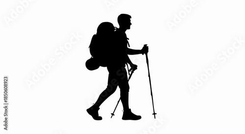 Silhouette of a hiker with a backpack and trekking poles.