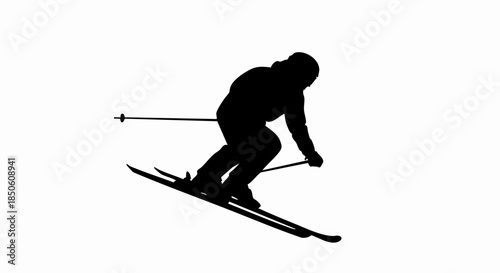 Silhouette of a Skier Carving Downhill on a Sunny Winter Day.