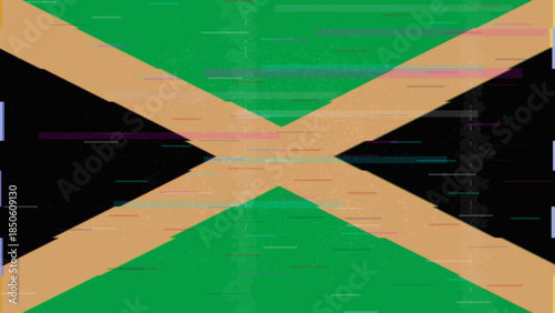 Jamaica glitch flag vector, RGB split distortion, digital abstract video frame illustration