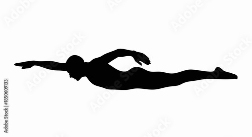 Silhouette of a swimmer in motion, freestyle stroke, black figure against white background.