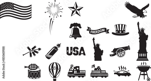Patriotic American symbols and icons in black silhouette