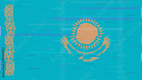Kazakhstan glitch flag vector, RGB split distortion, digital abstract video frame illustration