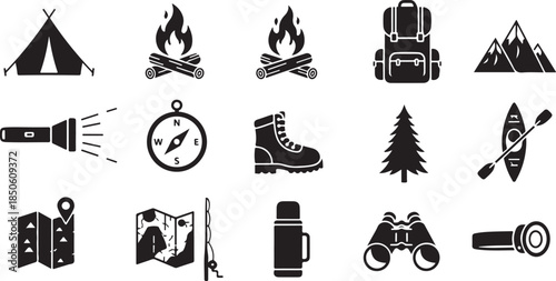 Camping and hiking icons for outdoor adventure and travel