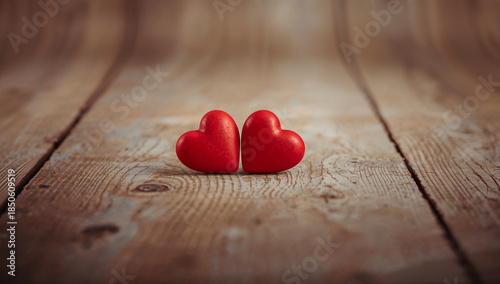 赤いハートが映える木目背景のロマンチック広告向け素材.生成AI