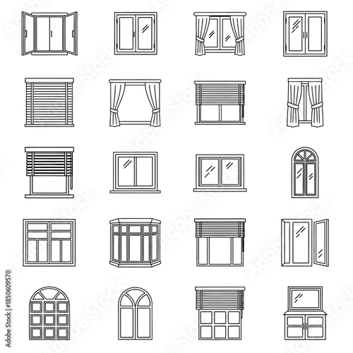 Assorted Window Icons Collection: Open, Closed, Curtains, Blinds, Arched, Bay, and Sliding Windows
