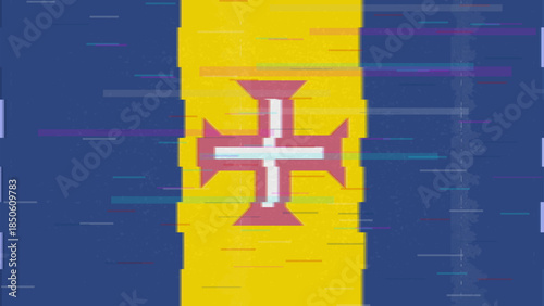 Madeira glitch flag vector, RGB split distortion, digital abstract video frame illustration