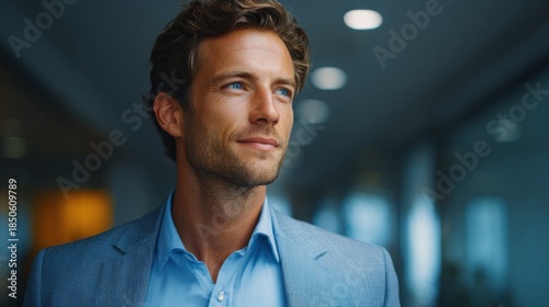 Wallpaper Mural An elegant man in a suit confidently looking forward. He is walking through an office setting Torontodigital.ca