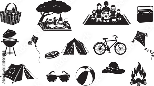 Fun outdoor activities and camping icons in black