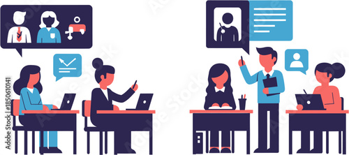 Business meeting in modern office setting showing teamwork and collaboration with digital communication