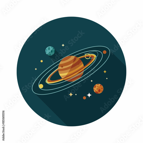 Ringed planet with moons and stars in orbit.