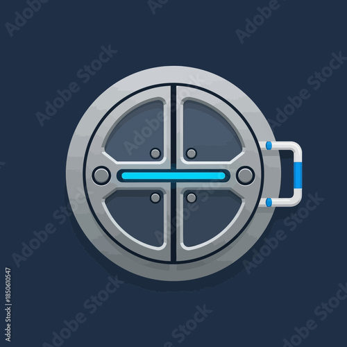 Circular metallic hatch with blue light and handle.