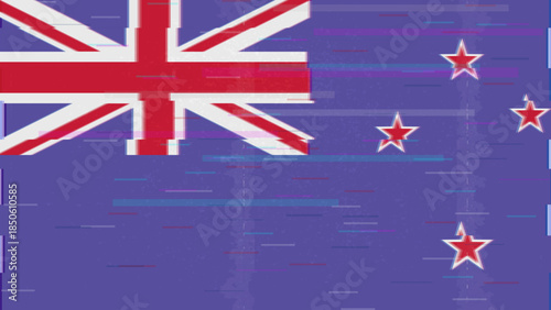 New Zealand glitch flag vector, RGB split distortion, digital abstract video frame illustration
